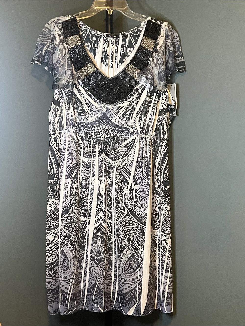 Apt. 9 Black & White Paisley Midi Dress with Beaded V-Neck
